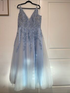 Light Blue Beaded V-Neck Tulle Ball Gown